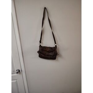 Brown Leather Foldover Crossbody Bag Multi Pocket Messenger Shoulder Handbag
